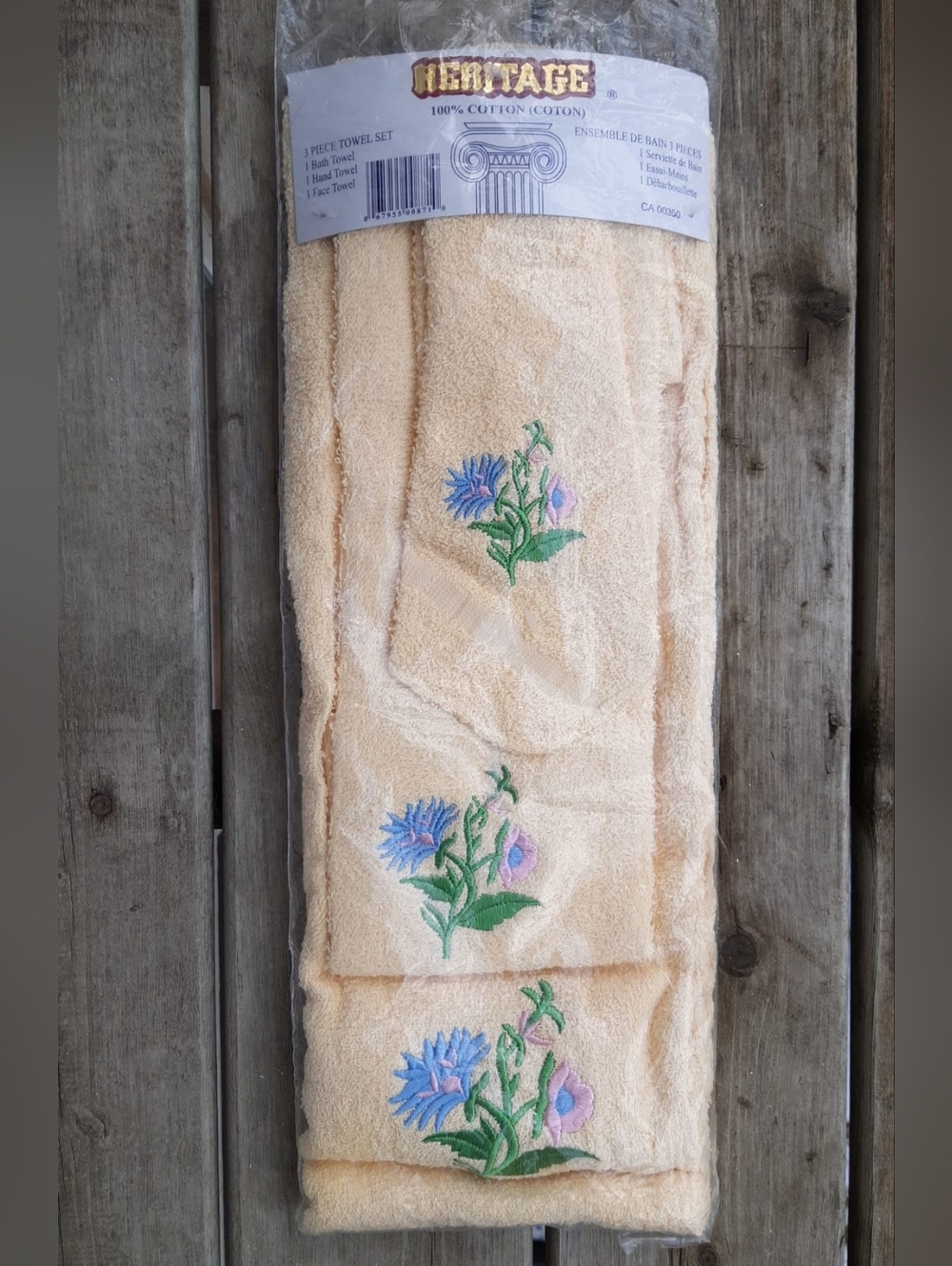Heritage 3-piece Soft Yellow Towel Set with Blue and Pink Floral Embroidery
